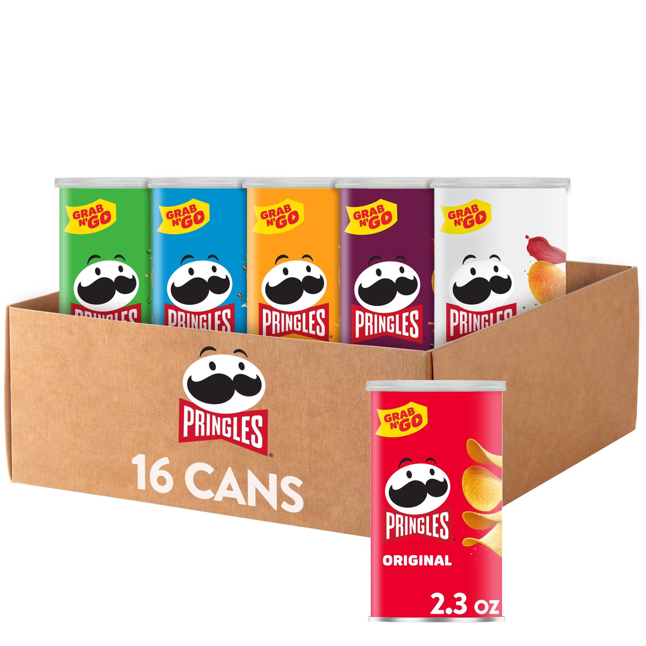 Pringles Original chips in a 16-can pack, ideal for on-the-go snacking.