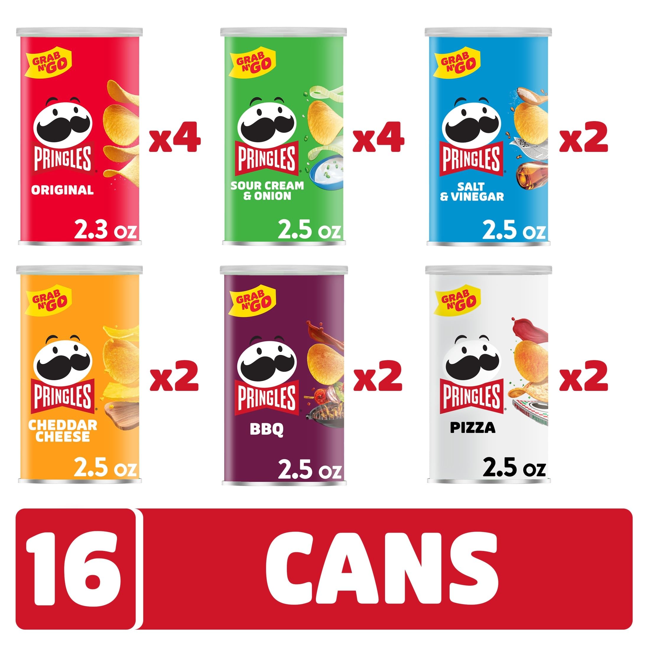 Pringles Pizza in a 16-can pack, fun snack for casual hangs.