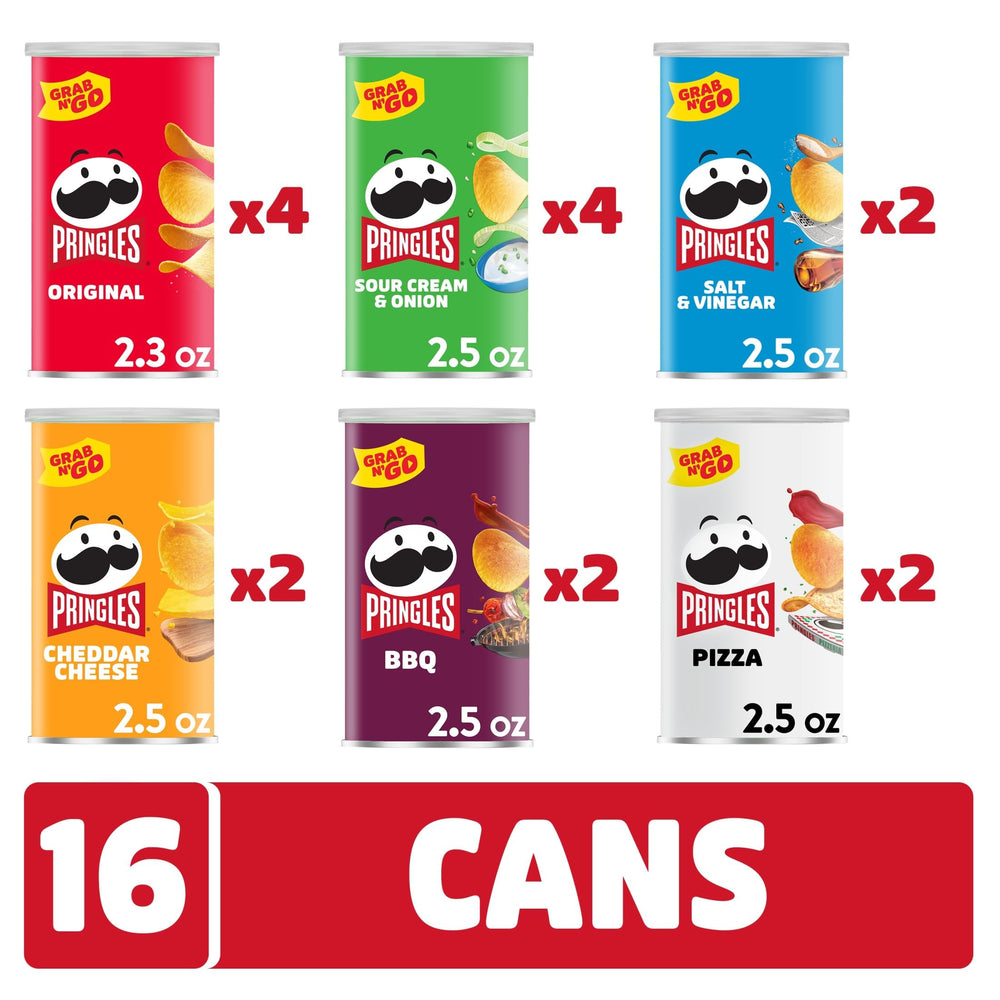 Pringles Pizza in a 16-can pack, fun snack for casual hangs.