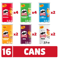 Pringles Pizza in a 16-can pack, fun snack for casual hangs.