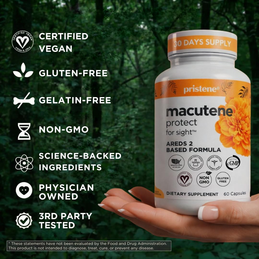 Pristene Macutene Protect ingredients panel showing lutein and zeaxanthin