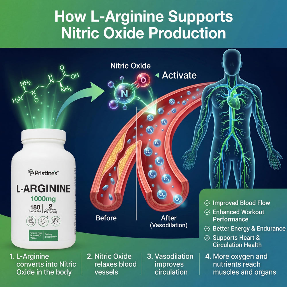 PRISTINE'S L Arginine bottle label emphasizes nitric oxide support