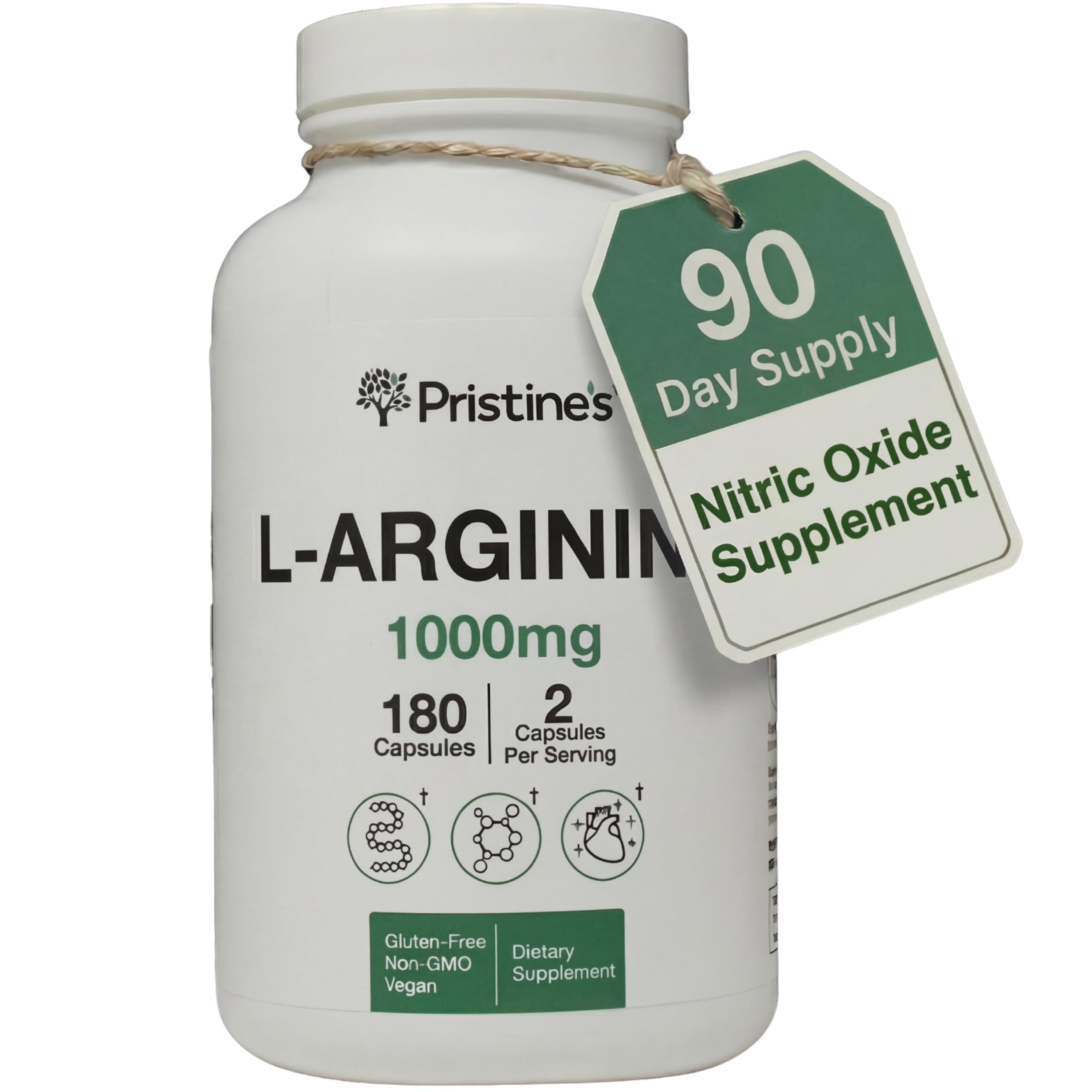 PRISTINE'S L Arginine bottle and capsules shown for daily workout support