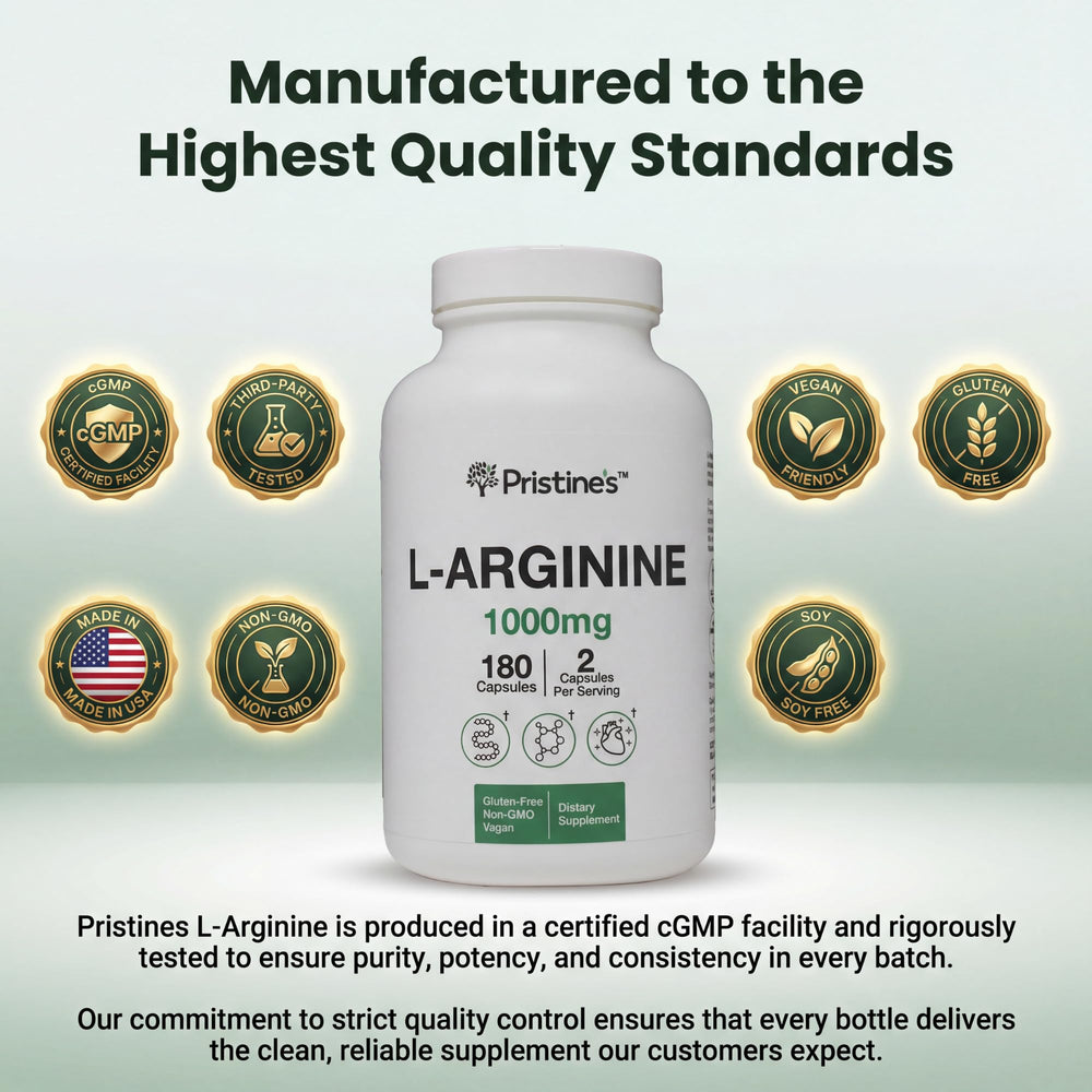 Close-up of PRISTINE'S L Arginine capsules highlighting easy swallowing