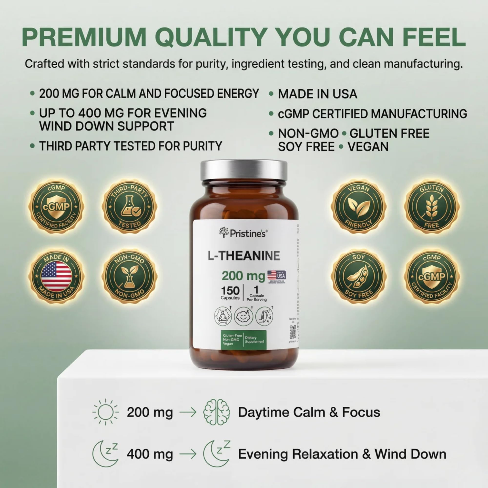 PRISTINE'S L-Theanine 200mg capsule side view shows compact, travel-friendly design
