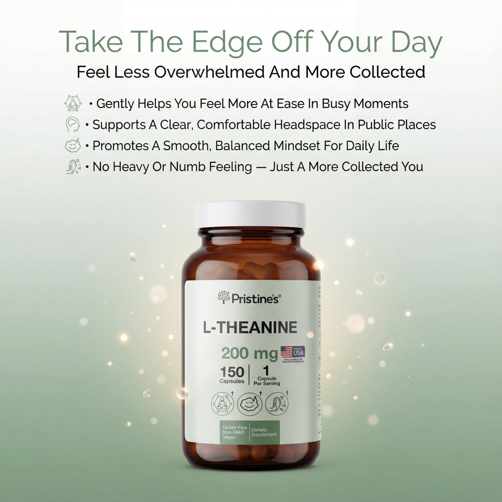 PRISTINE'S L-Theanine 200mg capsule top view emphasizes precise 200 mg dosage