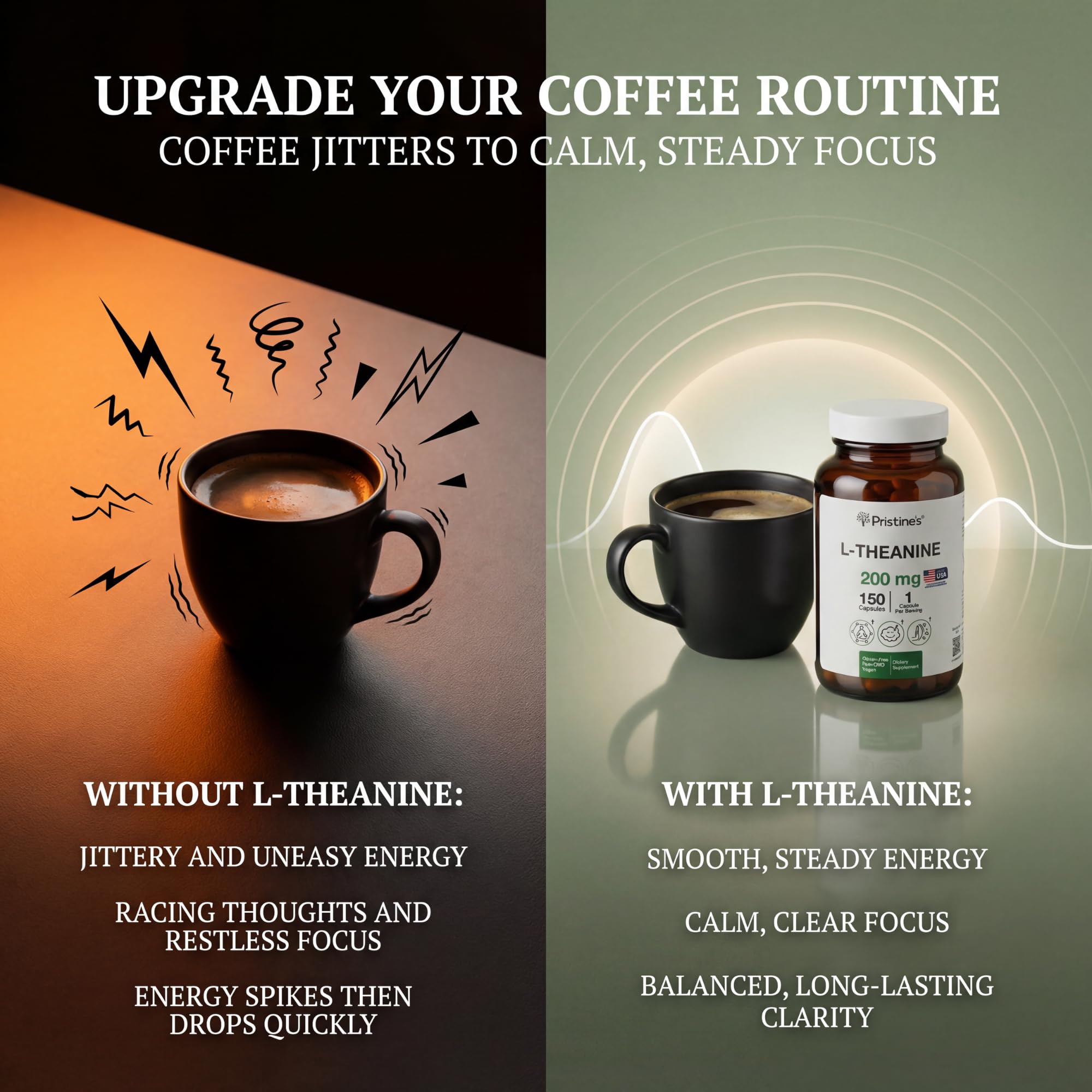 PRISTINE'S L-Theanine 200mg capsules in spoon for easy serving