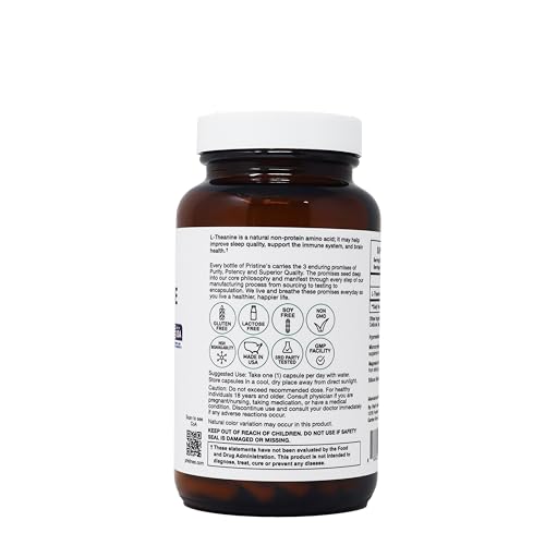 PRISTINE'S L-Theanine 200mg label highlights vegan and non-GMO claims