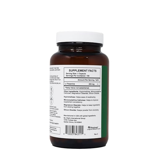 PRISTINE'S L-Theanine 200mg packaging on shelf supports a 150-day supply