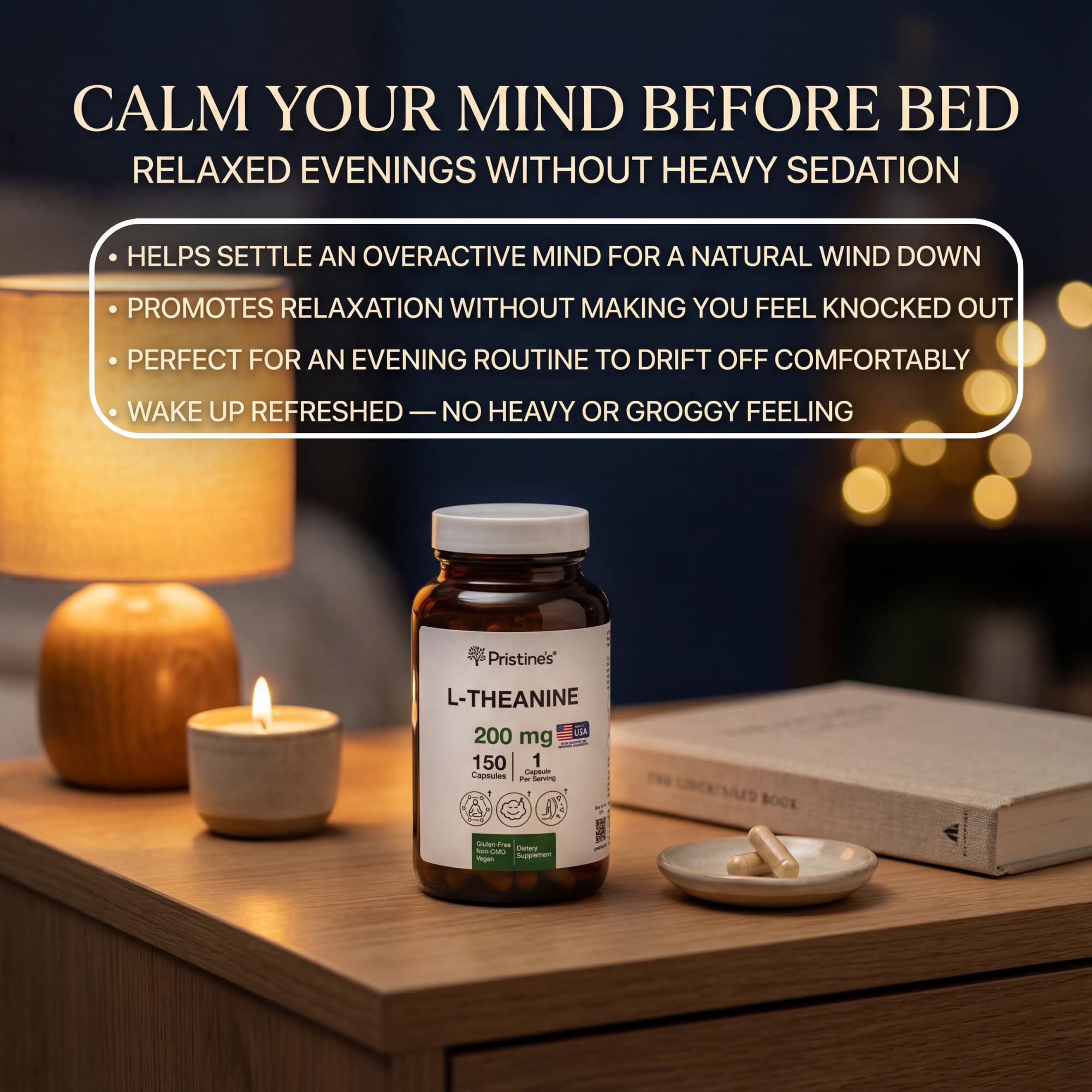 PRISTINE'S L-Theanine 200mg supplement facts panel ensures dosing transparency