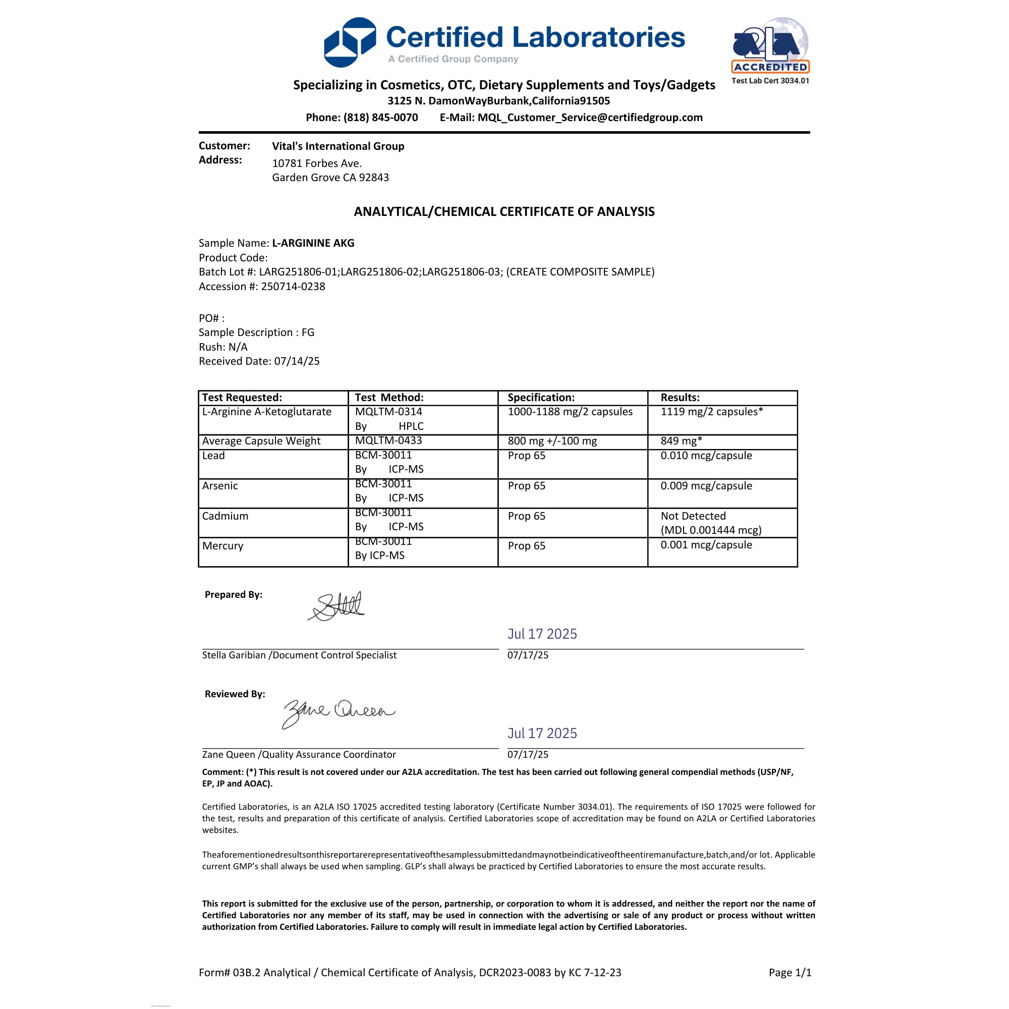 PRISTINE'S L Arginine bottle with nutrition facts for informed choice