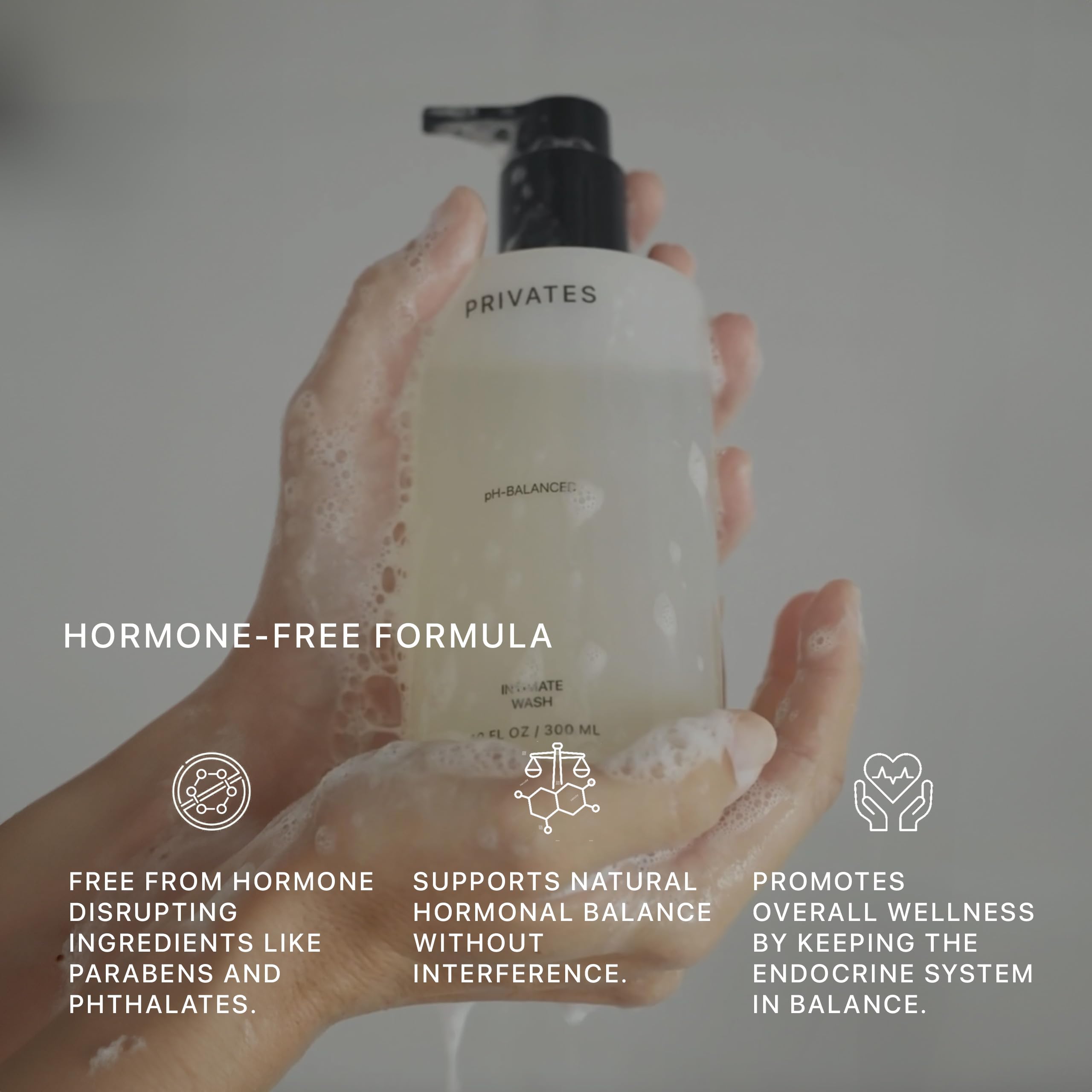 PRIVATES pH-balanced intimate wash hand-application demonstrates convenient daily cleansing routine.