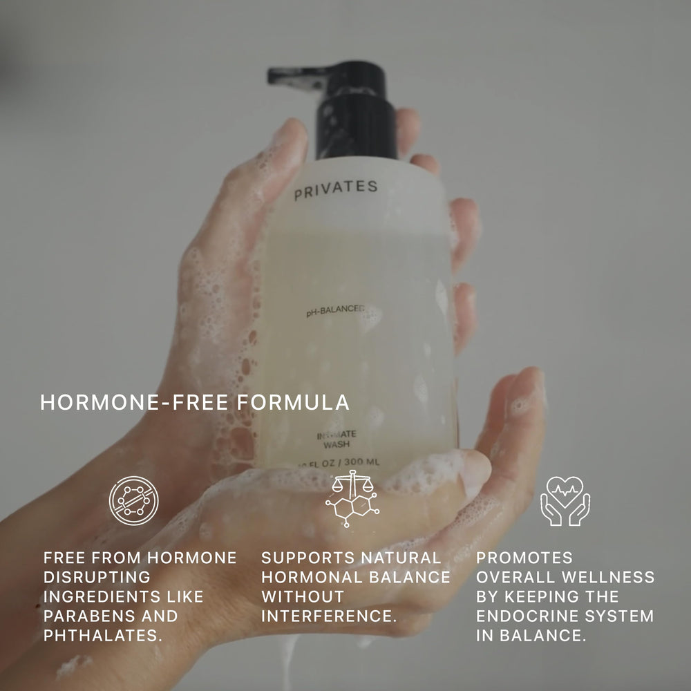 PRIVATES pH-balanced intimate wash hand-application demonstrates convenient daily cleansing routine.