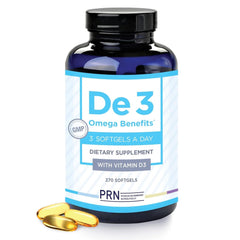 PRN De3 dry eye omega-3 bottle close-up for eye comfort.