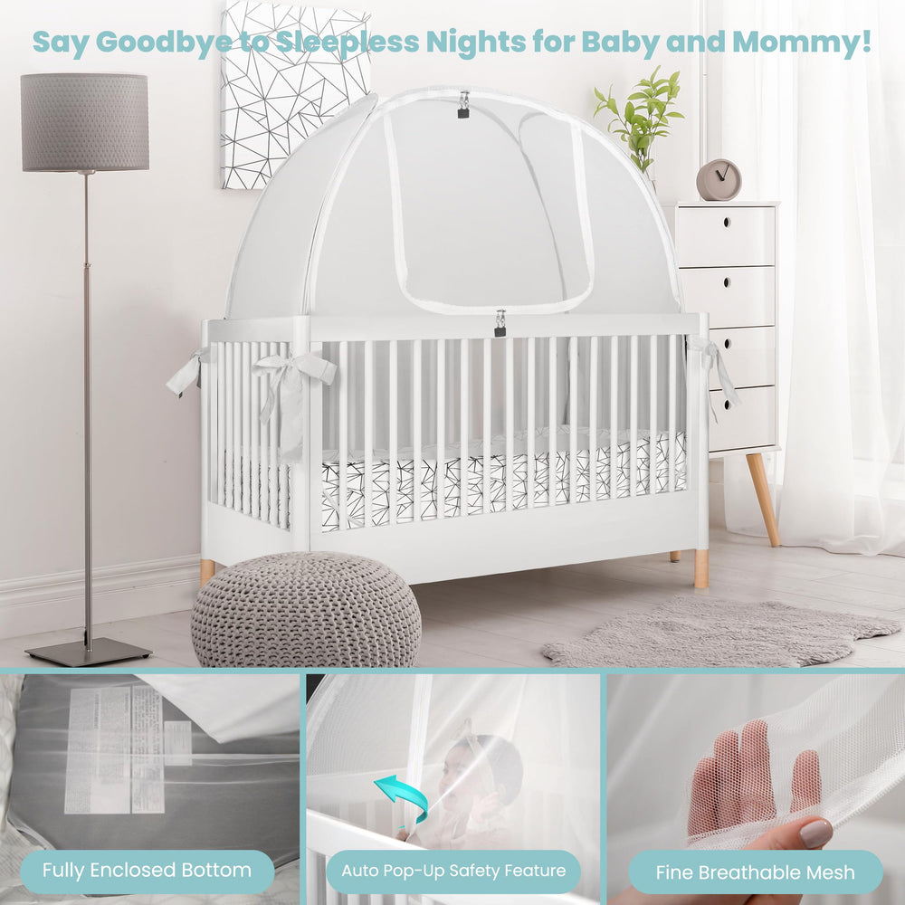 Pro Baby Safety crib tent in-use photo shows baby safely inside.