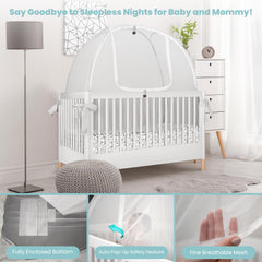 Pro Baby Safety crib tent in-use photo shows baby safely inside.