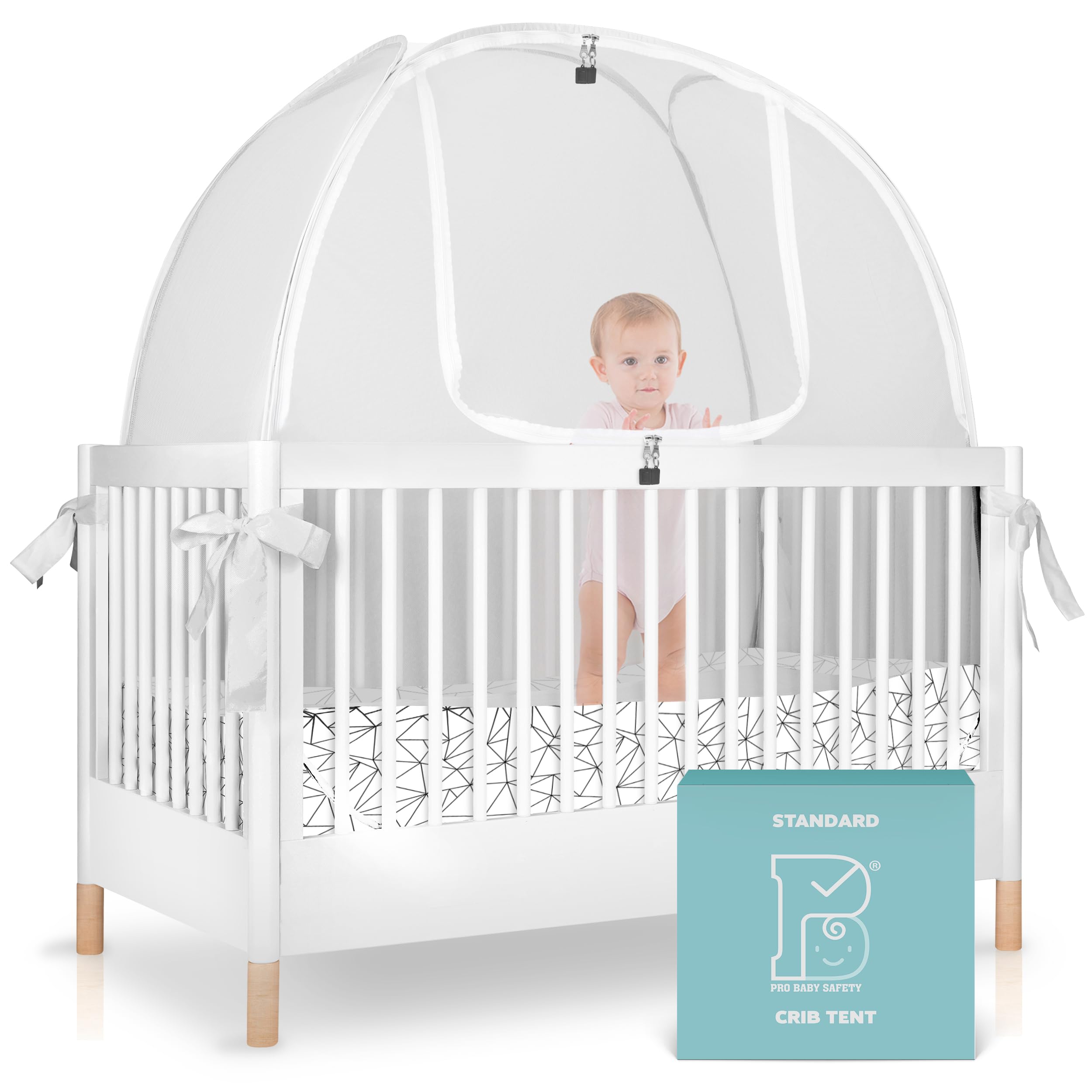Pro Baby Safety crib tent setup diagram showing quick, tool-free installation.