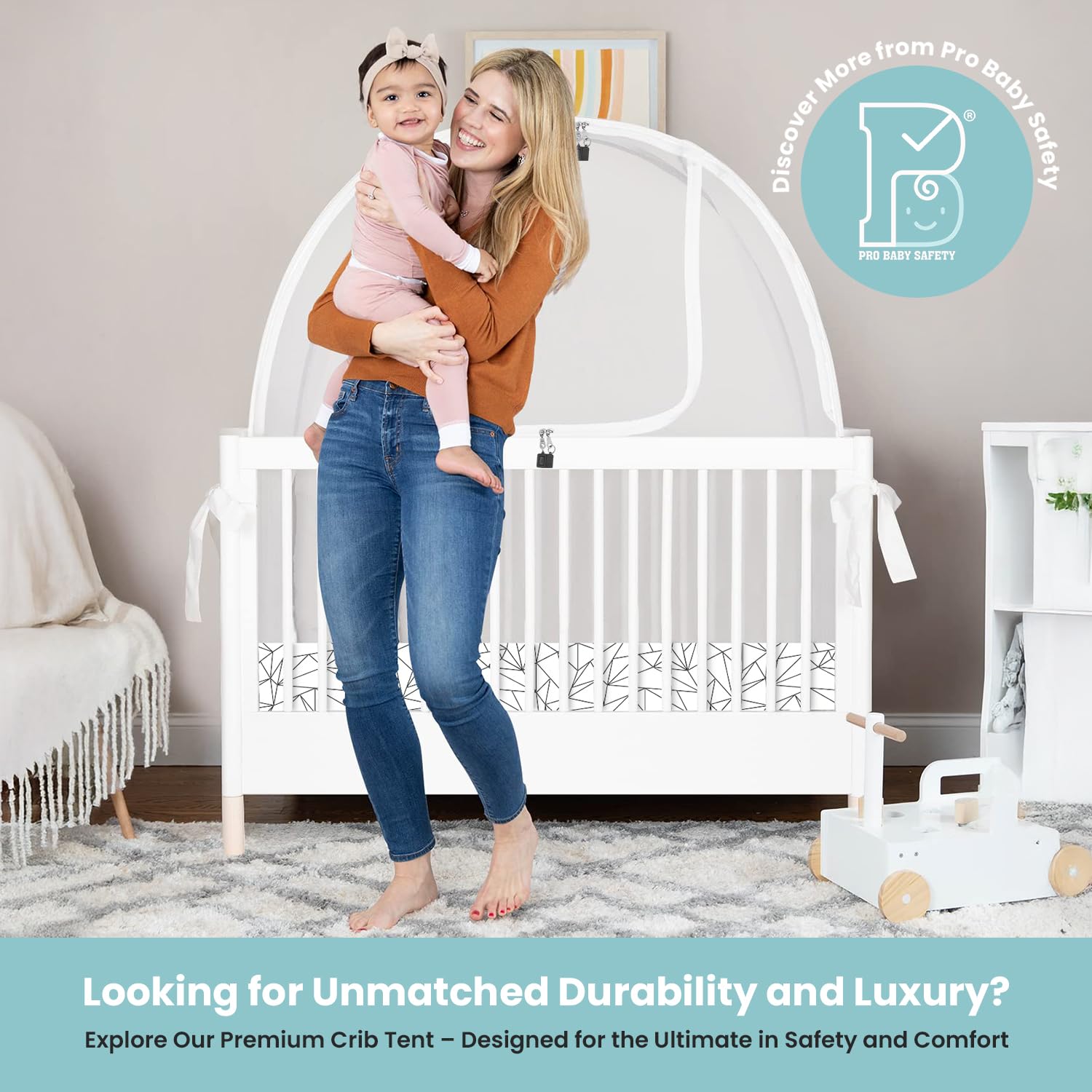 Pro Baby Safety crib tent tool-free pop-up assembly illustration.