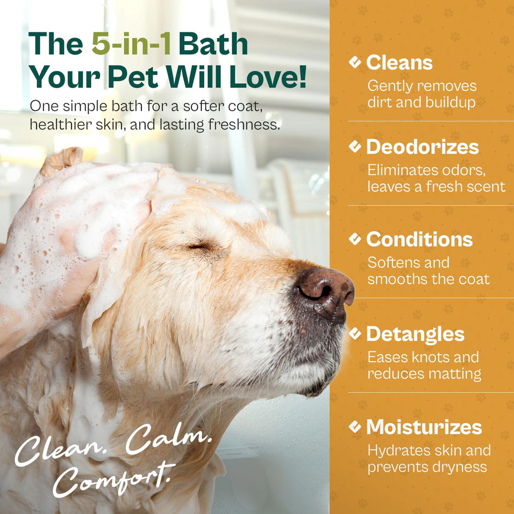 Grooming scene showing a calm, clean pet with Pro Pet Works shampoo