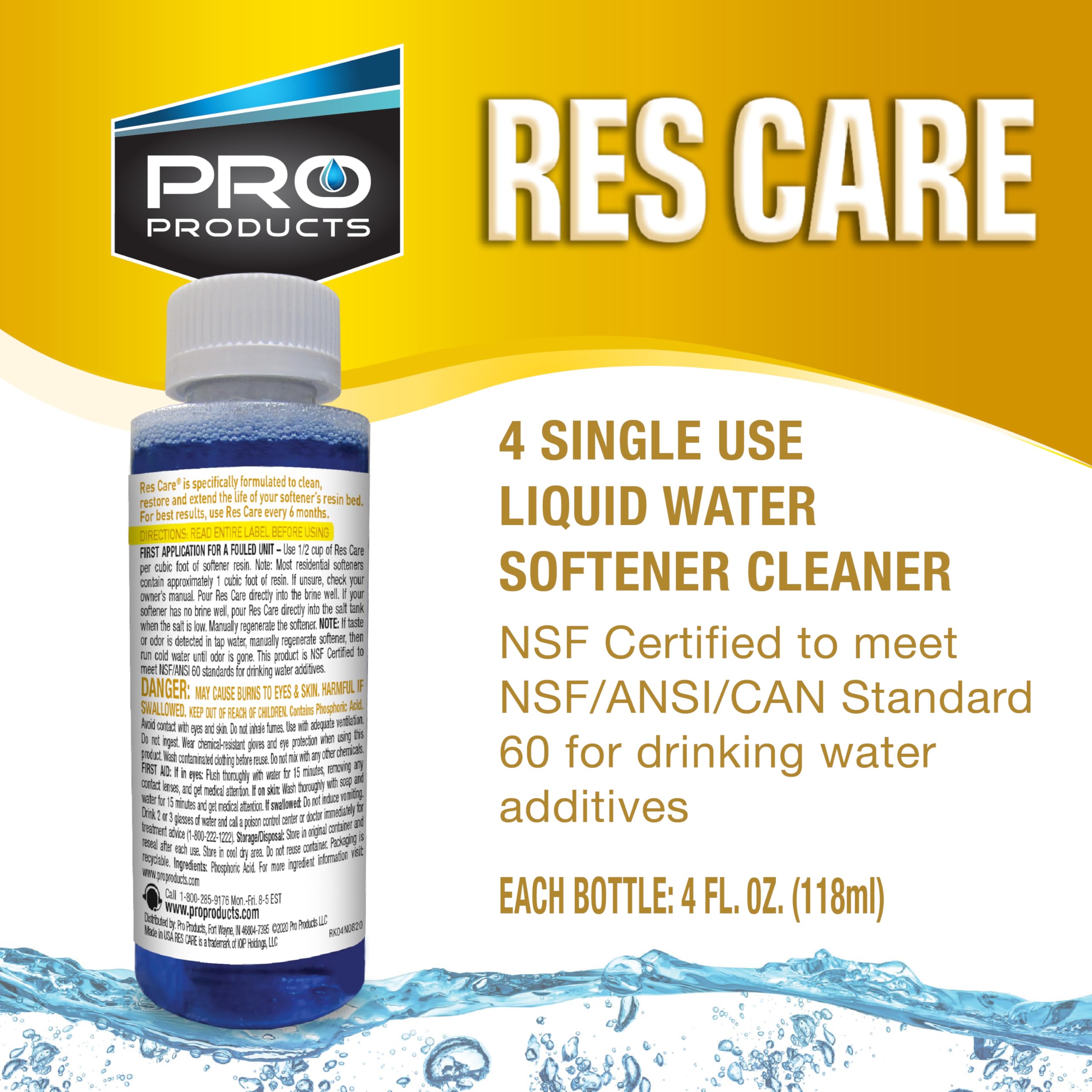 Pro Products Res Care bottle side view, simple maintenance for water softeners.