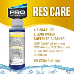 Pro Products Res Care bottle side view, simple maintenance for water softeners.