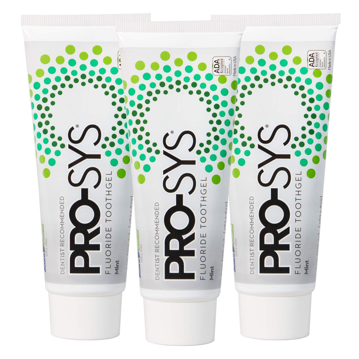 PRO-SYS Mint Fluoride Toothpaste Gel, front view, showcasing mint flavor and cavity prevention potential.