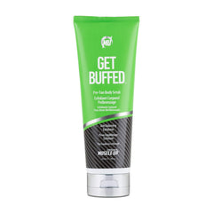 Pro Tan Get Buffed bottle shows tropical mango papaya scent for smooth skin prep.