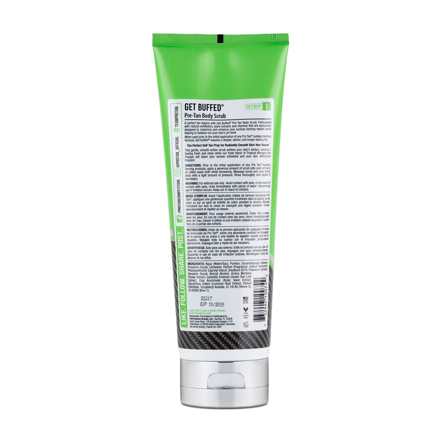 Pro Tan Get Buffed pre-tan scrub close-up emphasizes gentle exfoliation and fragrance.
