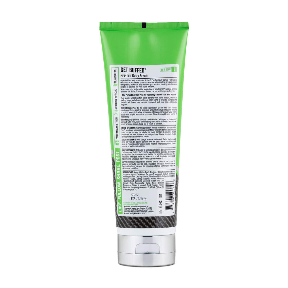 Pro Tan Get Buffed pre-tan scrub close-up emphasizes gentle exfoliation and fragrance.