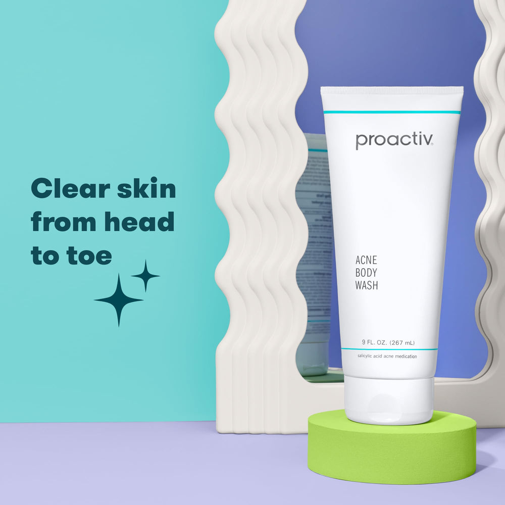 Proactiv body wash used in shower routine for cleansing.
