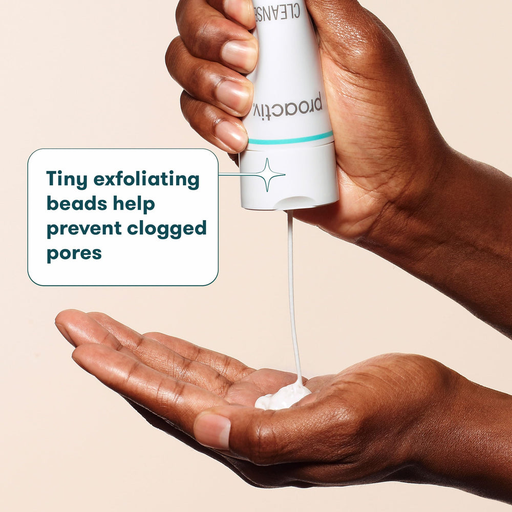 Proactiv Acne Cleanser benzoyl peroxide penetration shot suggests deeper pore cleansing for blemish control.
