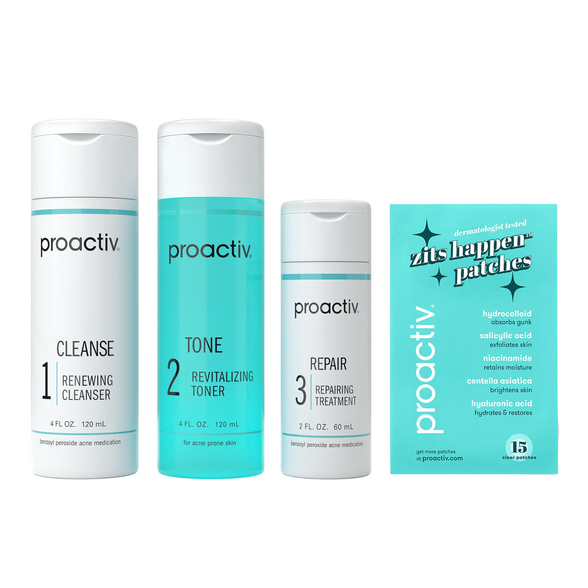 Proactiv benzoyl peroxide cleanser bottle helps clear existing blemishes and prevent new breakouts.