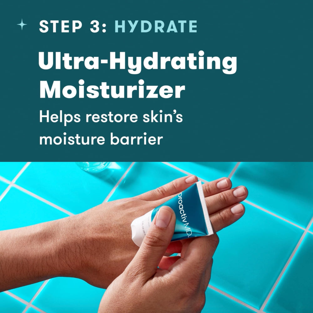 Proactiv MD 3-step routine display in a tidy bathroom setup.