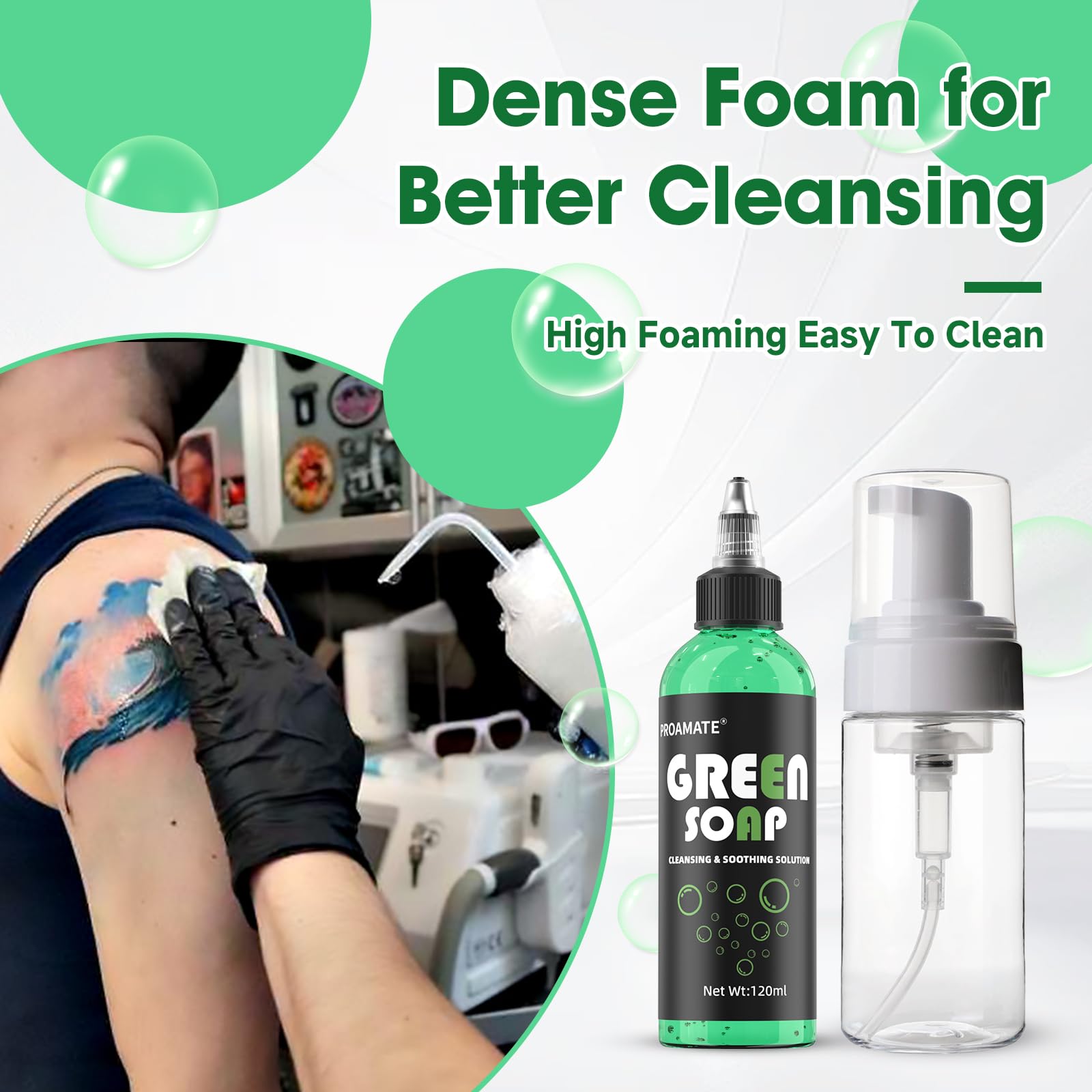 Foam bottle included for precise dilution of Proamate Green Tattoo Soap.