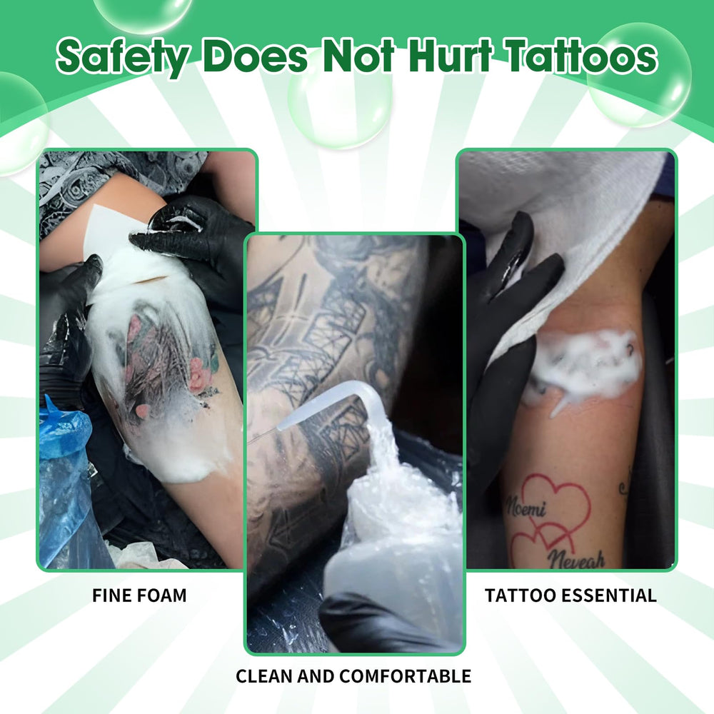 Gentle cleansing scene using Proamate Green Tattoo Soap on tattoo area.