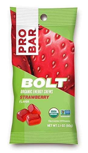 PROBAR Bolt Organic Energy Chews Strawberry label detail with USDA Organic and Non-GMO seals.