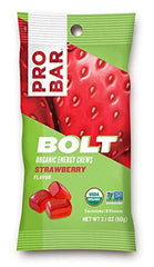 PROBAR Bolt Organic Energy Chews Strawberry label detail with USDA Organic and Non-GMO seals.
