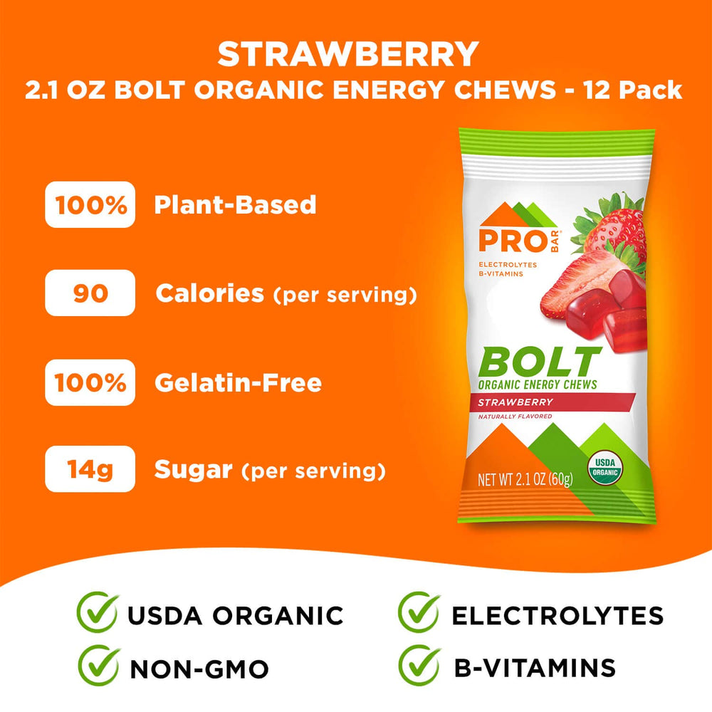 PROBAR Bolt Organic Energy Chews Strawberry gluten-free and soy-free icons on packaging.