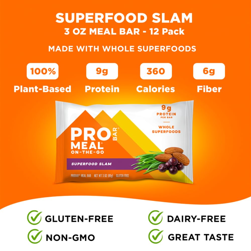 PROBAR Meal Bar with acai, dark chocolate, greens showcases vibrant, nutrient-dense bite.