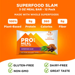 PROBAR Meal Bar with acai, dark chocolate, greens showcases vibrant, nutrient-dense bite.