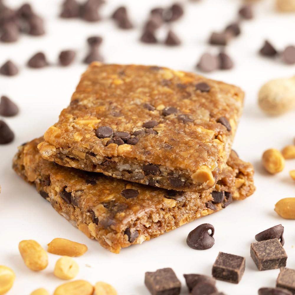 Close-up of PROBAR Meal Bar Peanut Butter Chocolate Chip with peanut and chocolate swirls