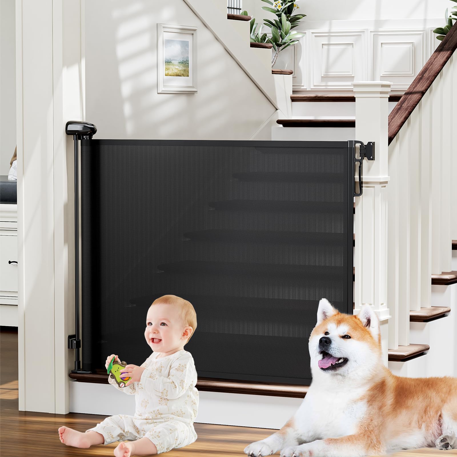 probebi retractable gate extended 54-wide across stairs for kids and pets