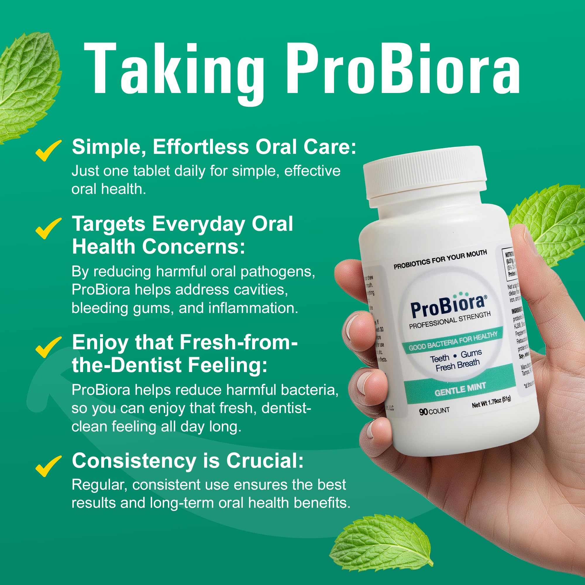 ProBiora Health Fresh Breath mint tablets illustrating breath refreshment