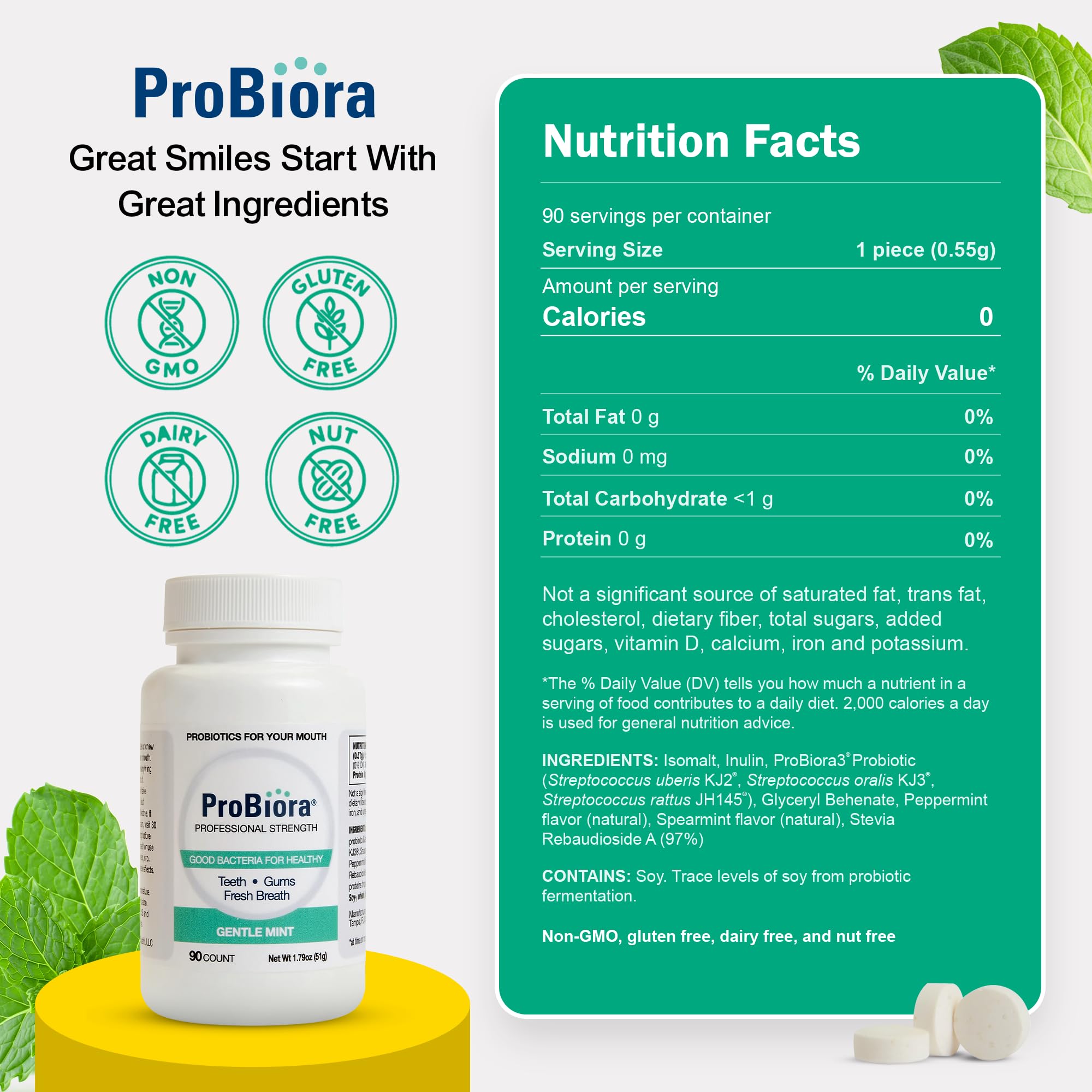 ProBiora Health patented probiotic blend teeth closeup showing 30 years of research