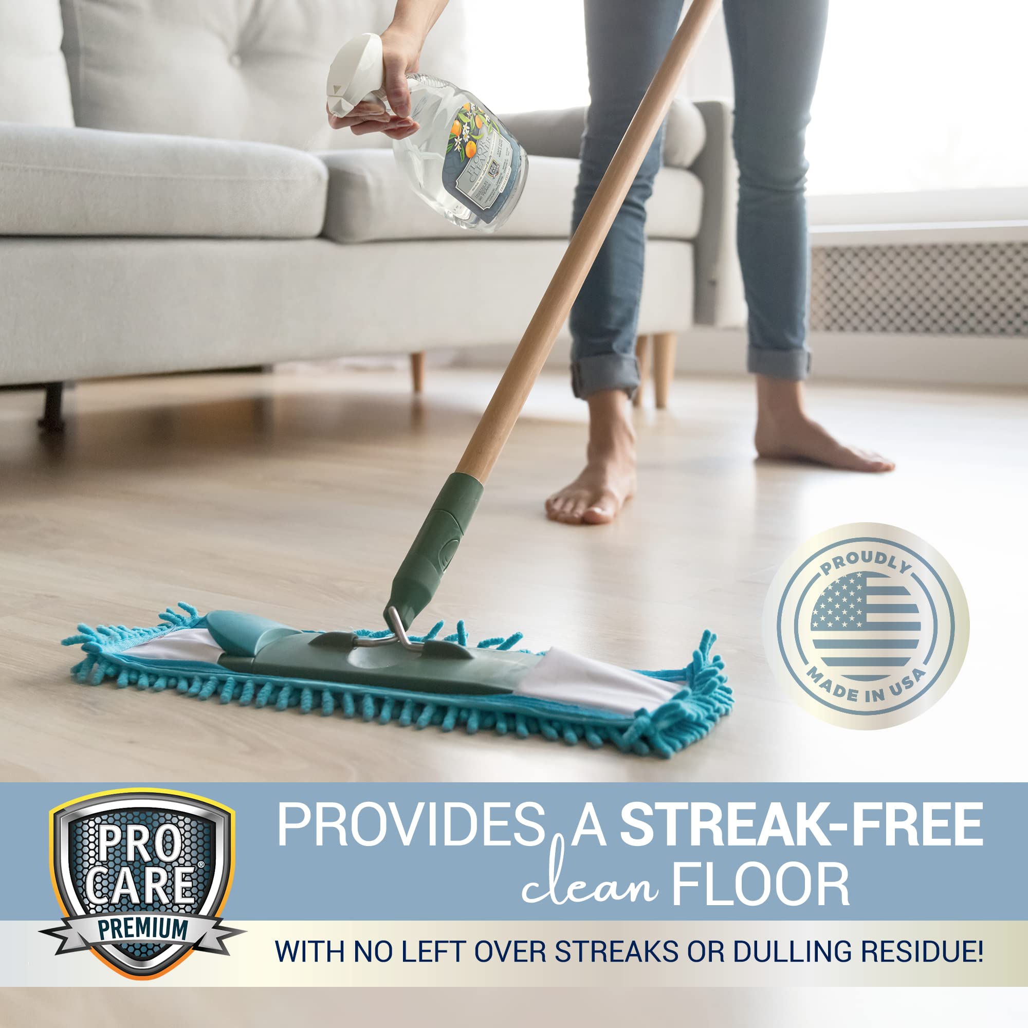 ProCare Citrus Floor Cleaner spray action demonstrates quick, streak-free cleaning.