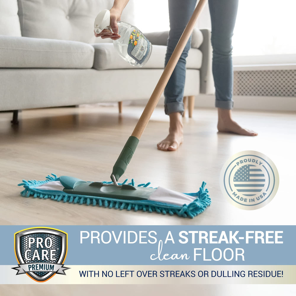 ProCare Citrus Floor Cleaner spray action demonstrates quick, streak-free cleaning.