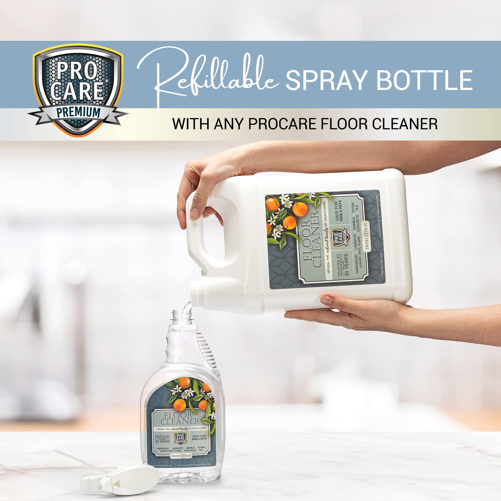 ProCare Citrus Floor Cleaner on tile surface with fresh citrus aroma.