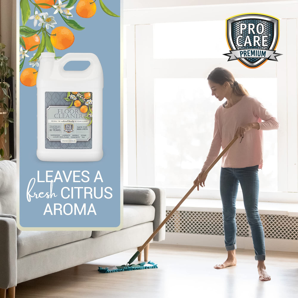 ProCare Floor Cleaner label closeup emphasizes natural formula and citrus scent