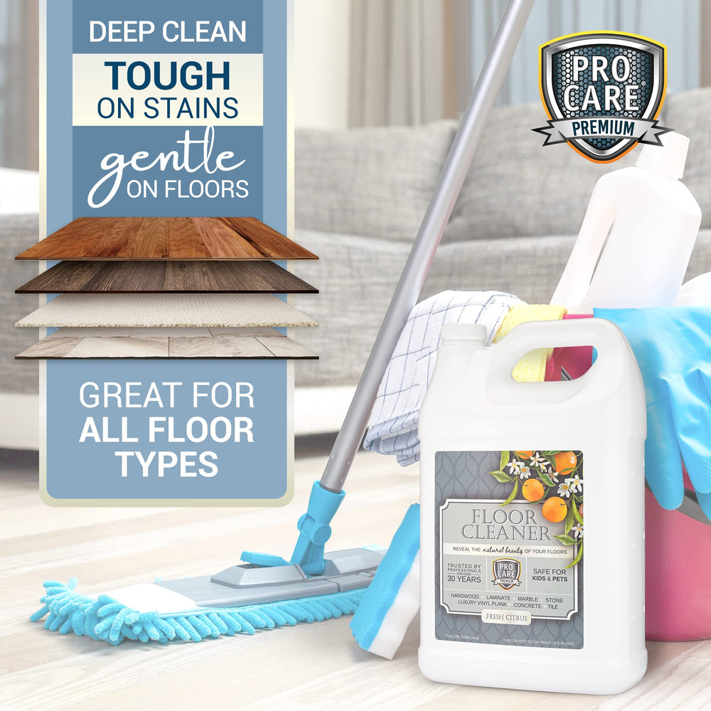 ProCare Floor Cleaner being applied with a mop on various hard floors