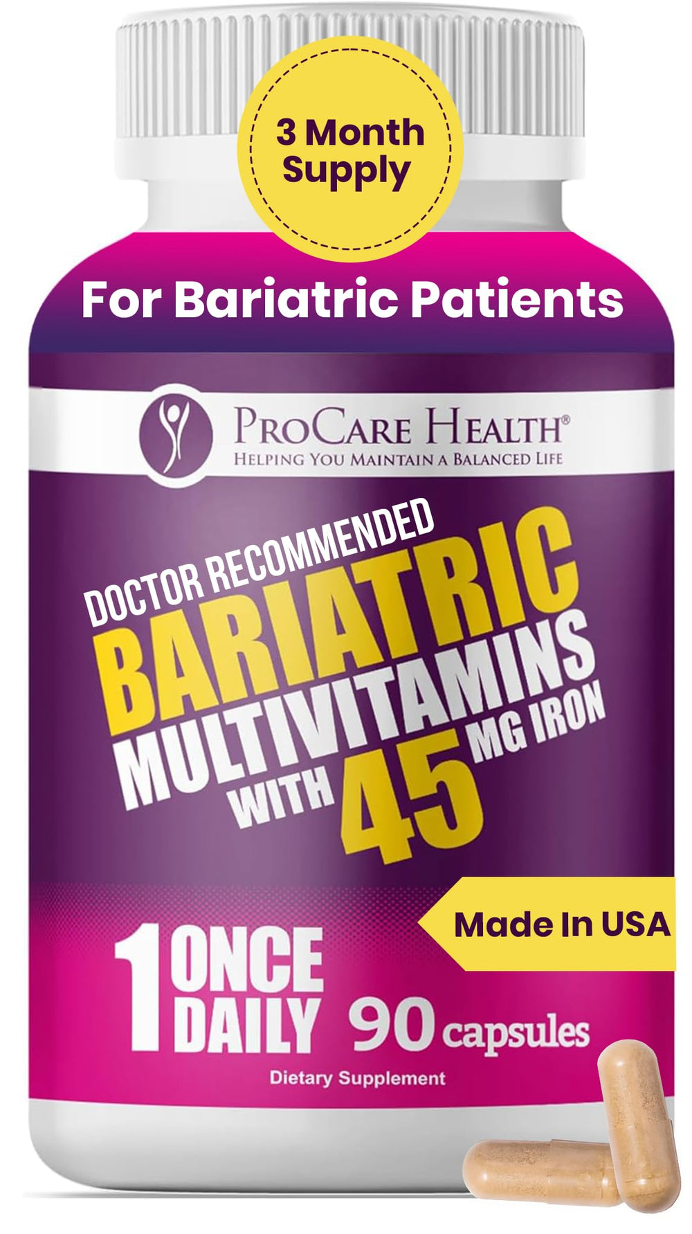 ProCare Health bariatric multivitamin bottle highlights convenient daily nutrition for post-op users